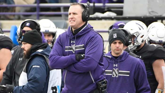 Northwestern Wildcats head coach Pat Fitzgerald stands on the sidelines in a game against the Minnesota Golden Gophers during the first half at Ryan Field.